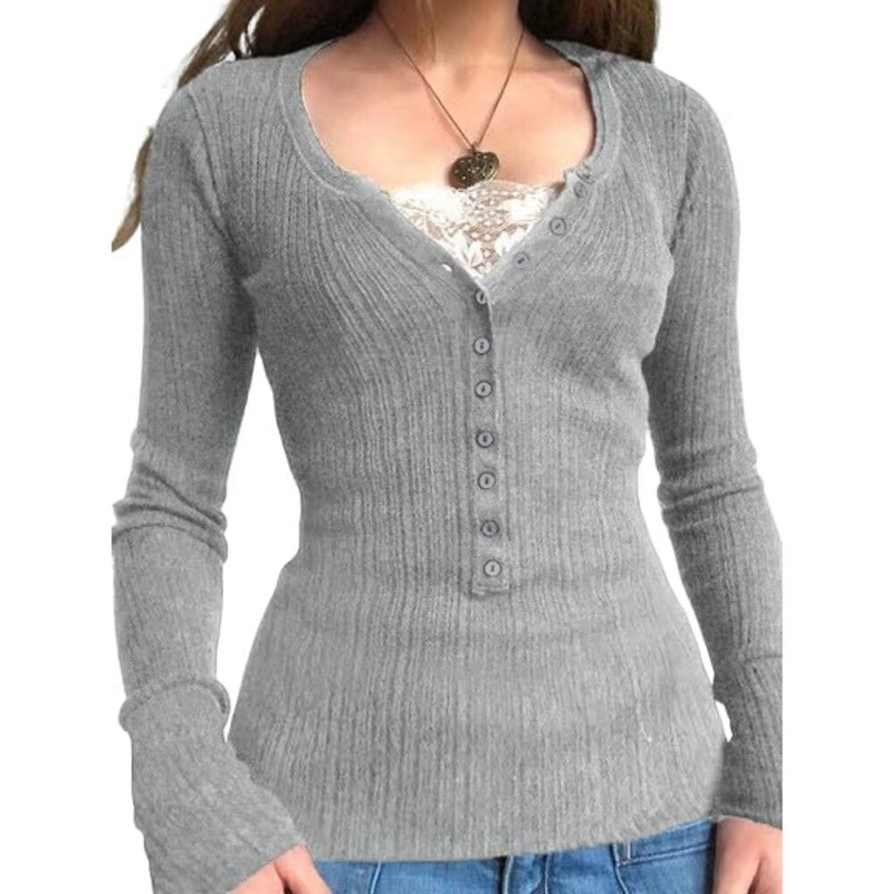 Lace Henley T Shirt Women Long Sleeve V Neck Slim Fit Casual Top